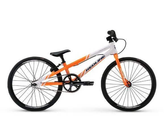 An orange and white Redline race BMX bike