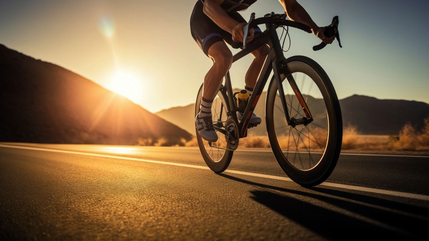 Road cyclist on a carbon road bike riding an open highway at sunset