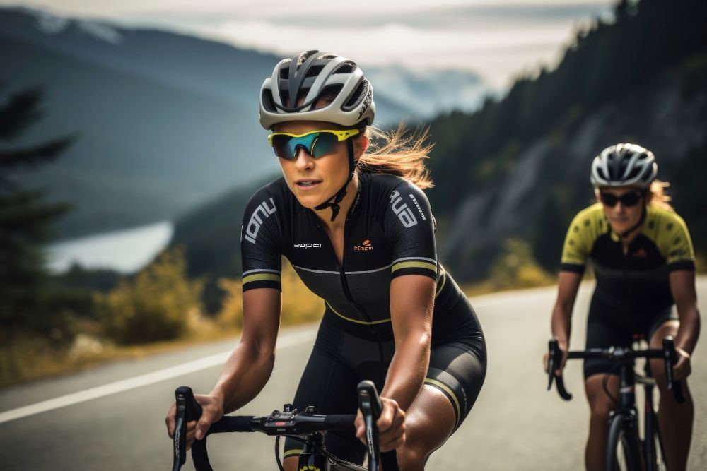 Two cyclists in helmets, sunglasses and cycling jerseys riding a mountain road