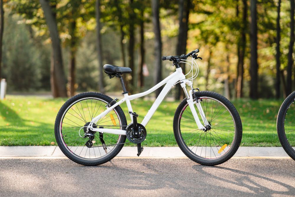 White mountain bike parked on a paved path beside a sunny park lawn